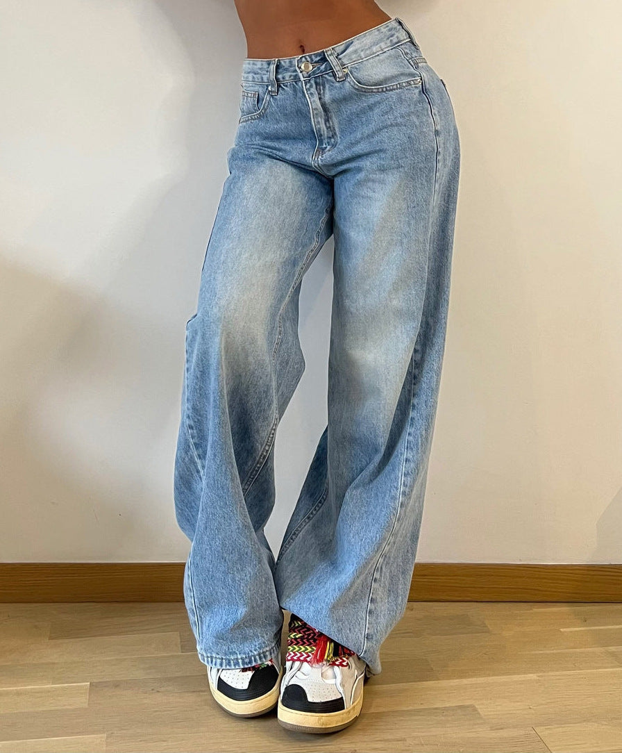 BamBam Retro Women Straight-Leg Trousers Loose Wide-Leg Denim Pants High-Waisted Jeans - BamBam