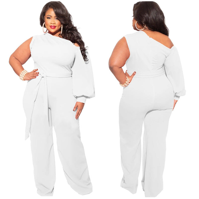 BamBam Fall Plus Size Women'S Slash Shoulder Single Sleeve Wide Leg Jumpsuit With Belt - BamBam Clothing