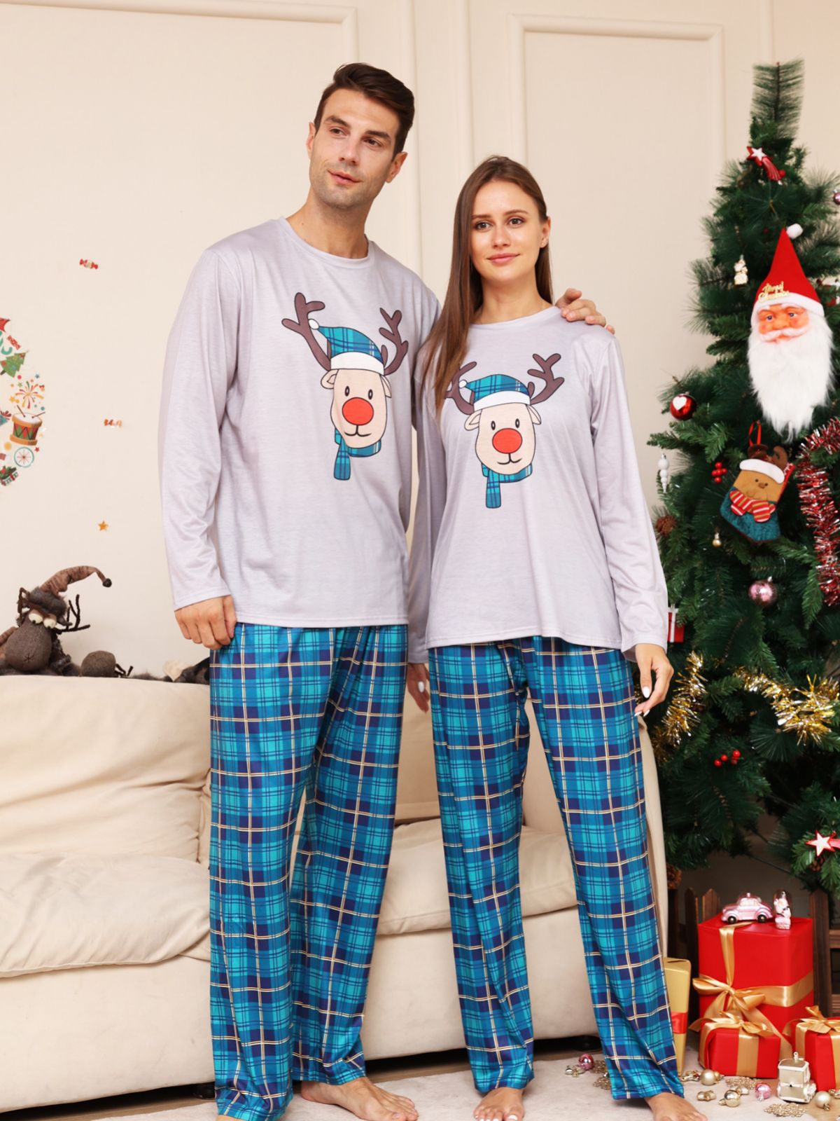 BamBam Plaid Cartoon Deer Christmas Parent-Child Outfit Printed Home Clothes Pajamas - BamBam