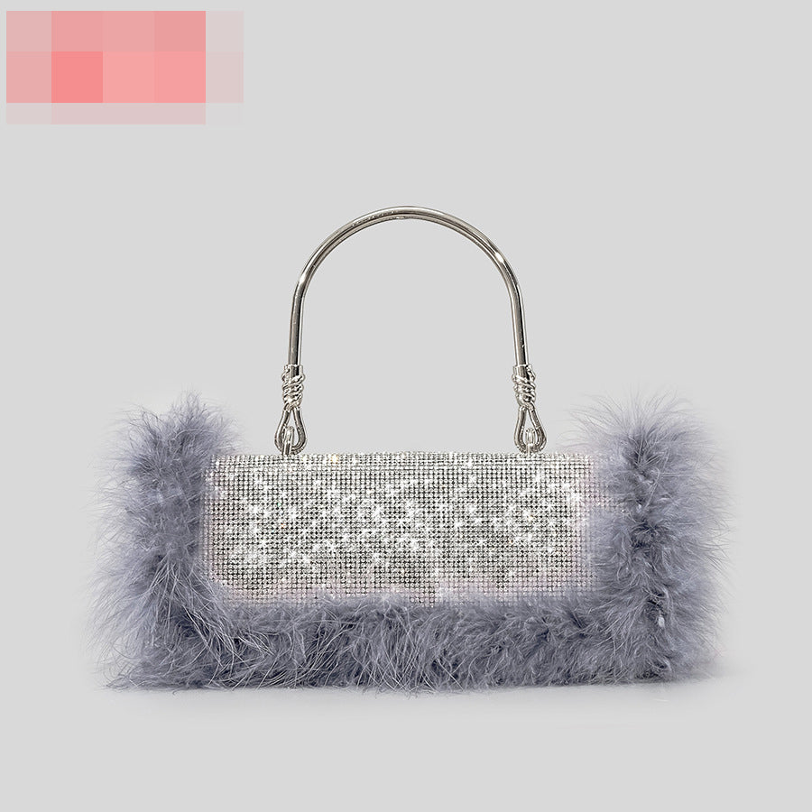 BamBam Ostrich hair rhinestone bag female mink hair inlaid diamond dinner bag full of diamonds shoulder Messenger bag - BamBam