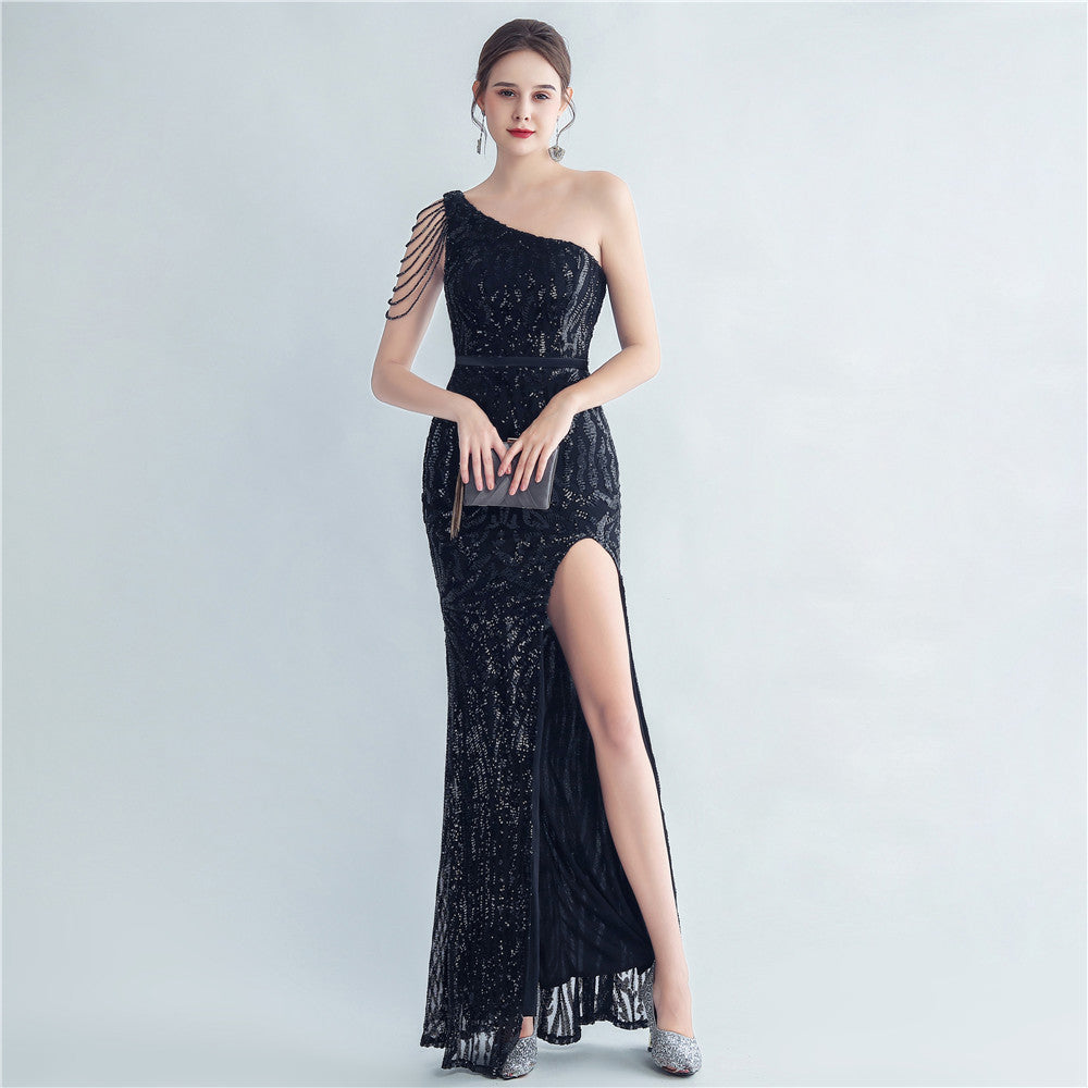 BamBam Sequin Slash Shoulder Beaded Mermaid Evening Gown - BamBam Clothing