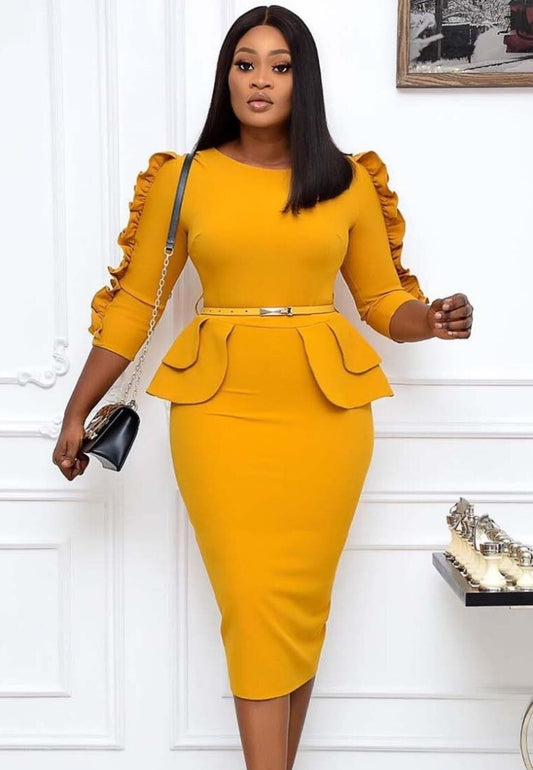 Spring African Yellow Round Neck Three Quarter Sleeve Ruffles With Belt Office Dress