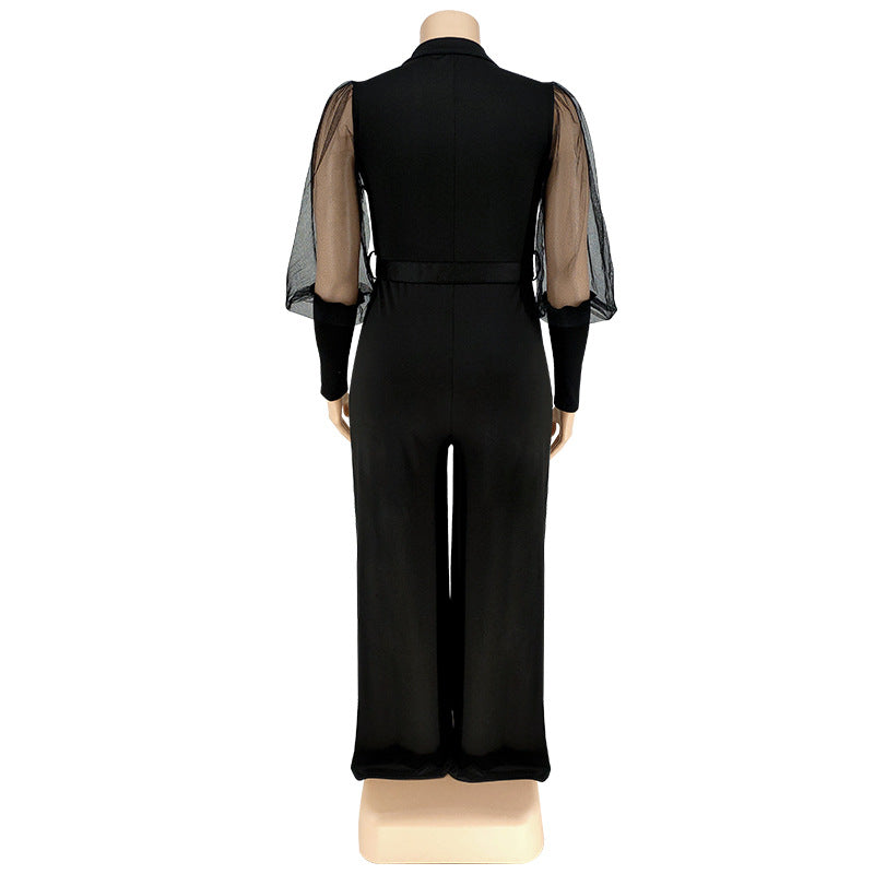 BamBam Plus Size Women Lapel Mesh Long Sleeve Jumpsuit with Belt - BamBam Clothing