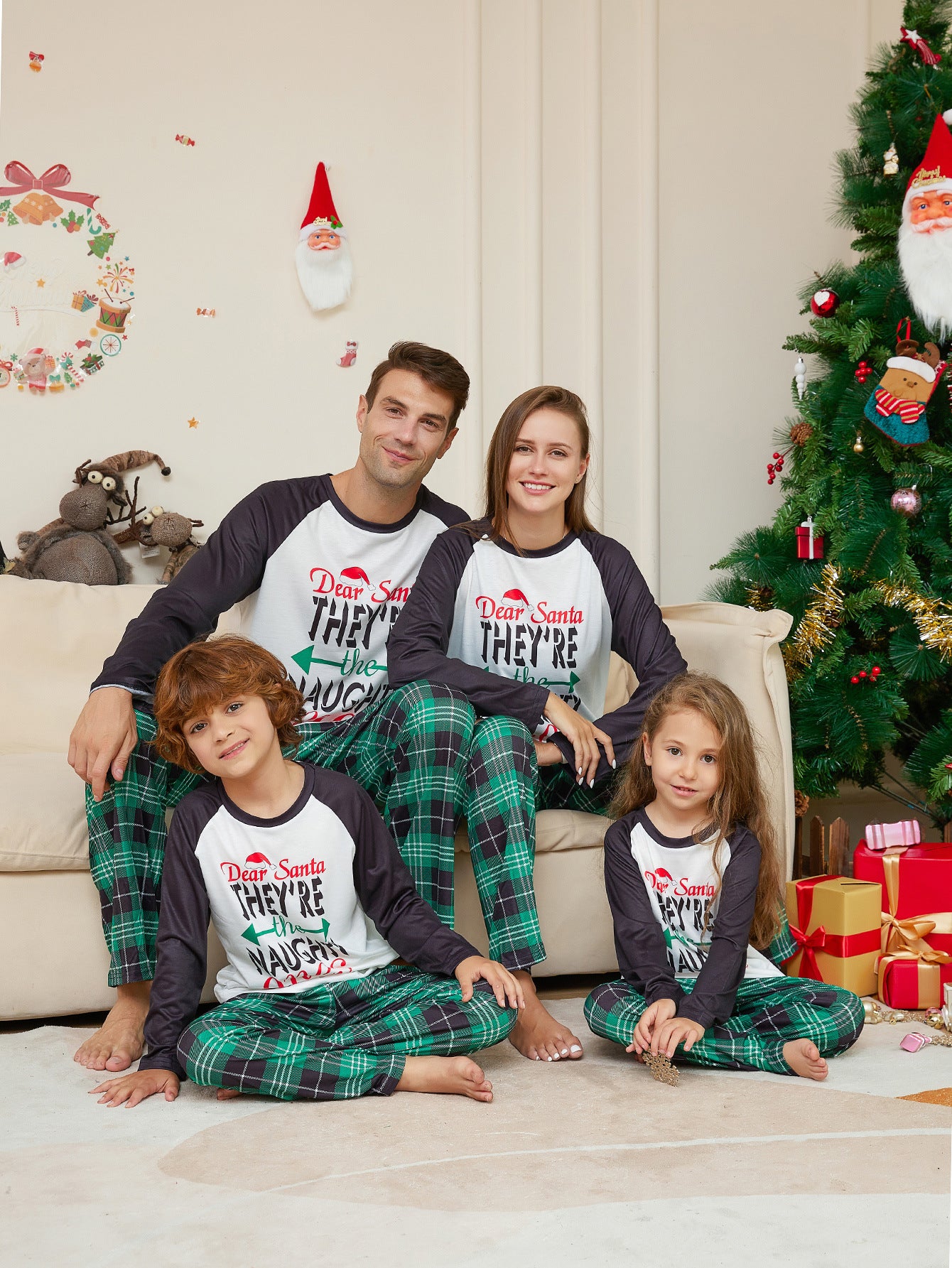 BamBam Christmas Family Wear Letter Green Plaid Print Home Clothes Pajama Two-piece Set - BamBam