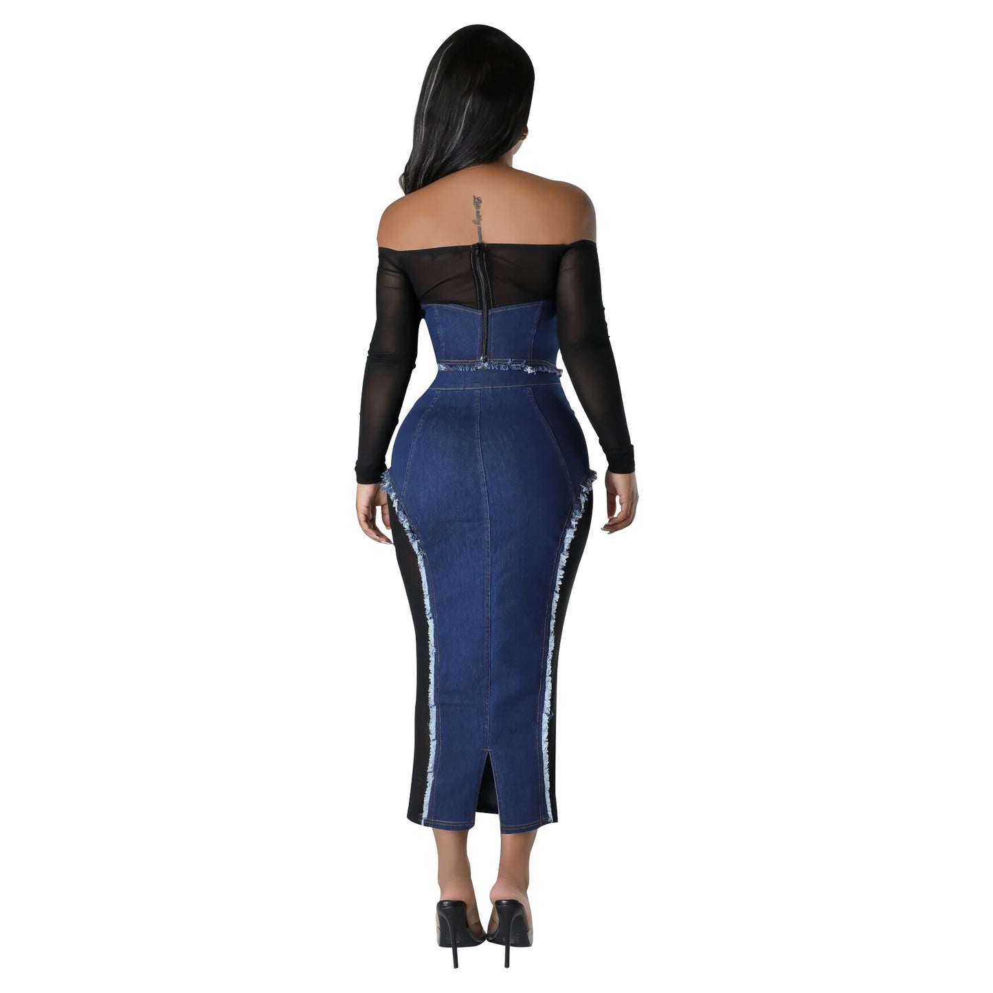 BamBam Women mesh Denim Patchwork See-Through Strapless Top and Skirt two-piece set - BamBam