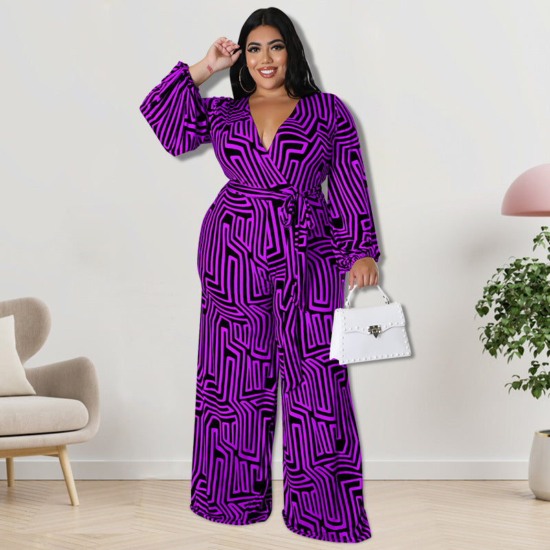 BamBam Plus Size Women'S Print Long Sleeve Wrap Wide Leg Jumpsuit - BamBam Clothing