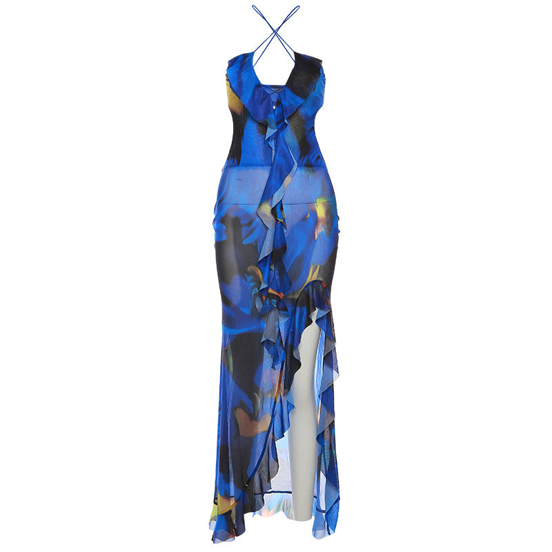 BamBam Summer Women's Fashionable And Sexy Halter Neck Low Back Slim See-Through Printed Dress - BamBam