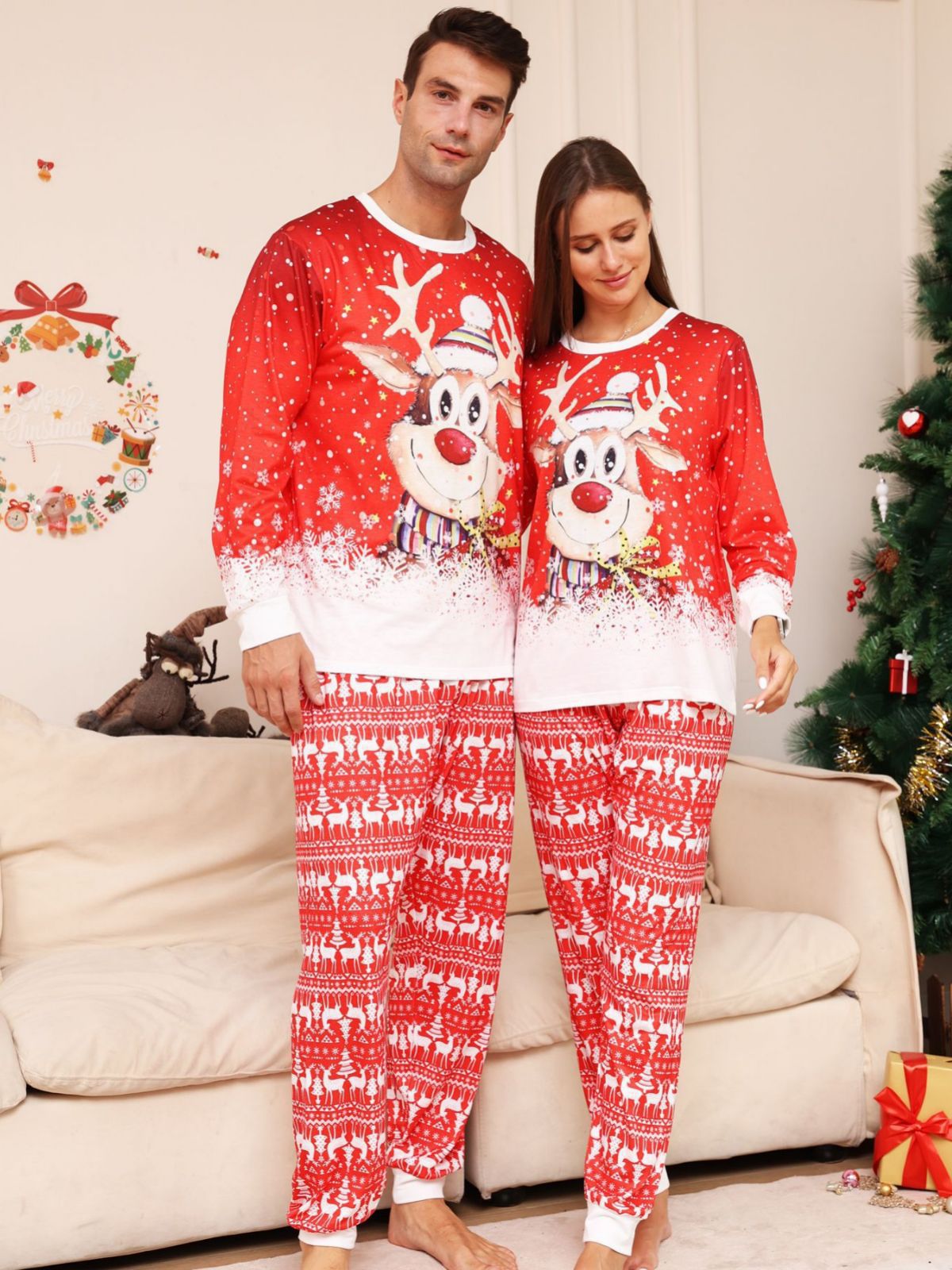 BamBam Cartoon Snowflake Deer Printed Christmas Parent-Child Pajamas Home Clothes - BamBam