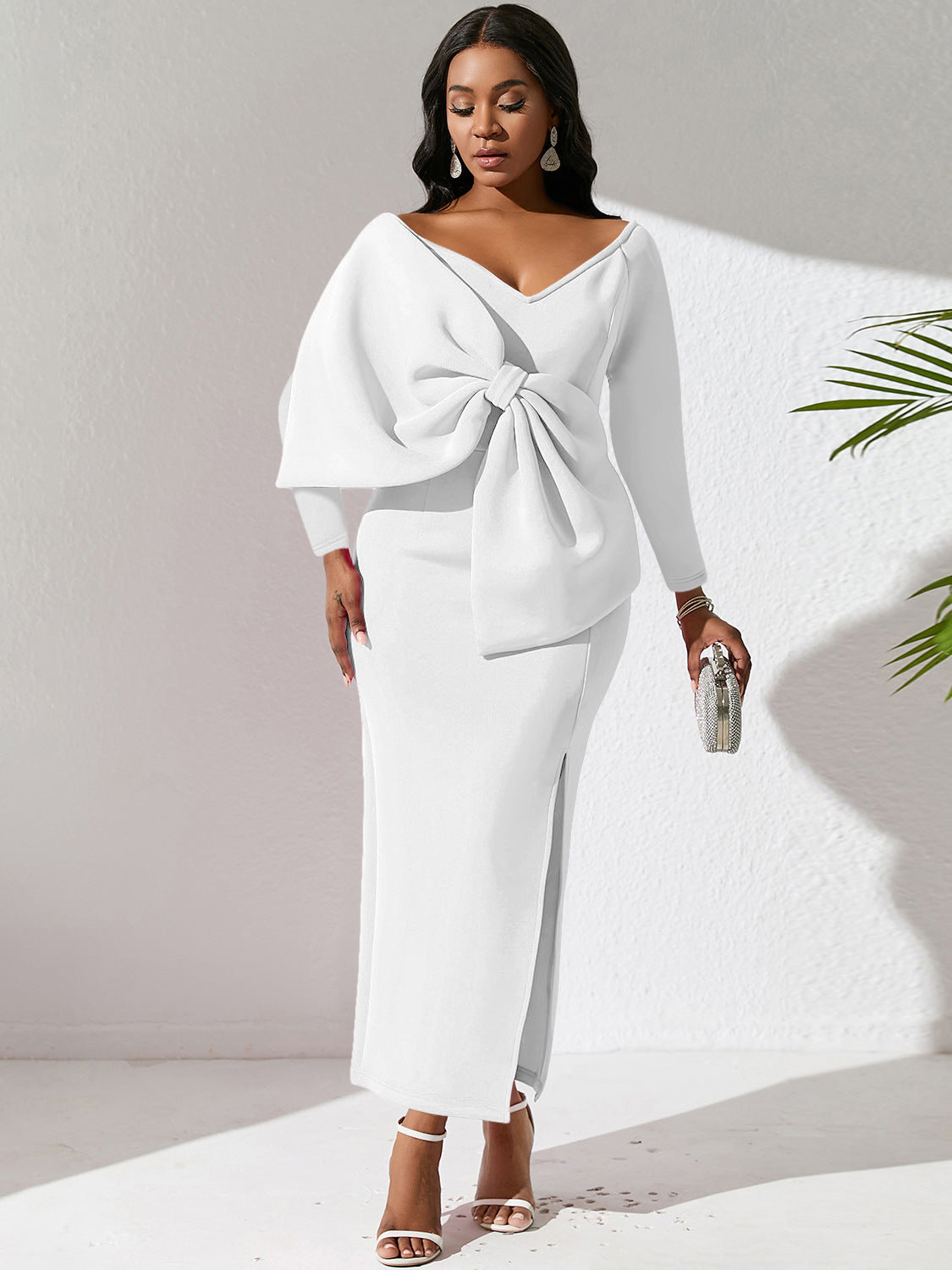 BamBam Deep V Bow High Waist Plus Size Women's Party Maxi Dress - BamBam Clothing