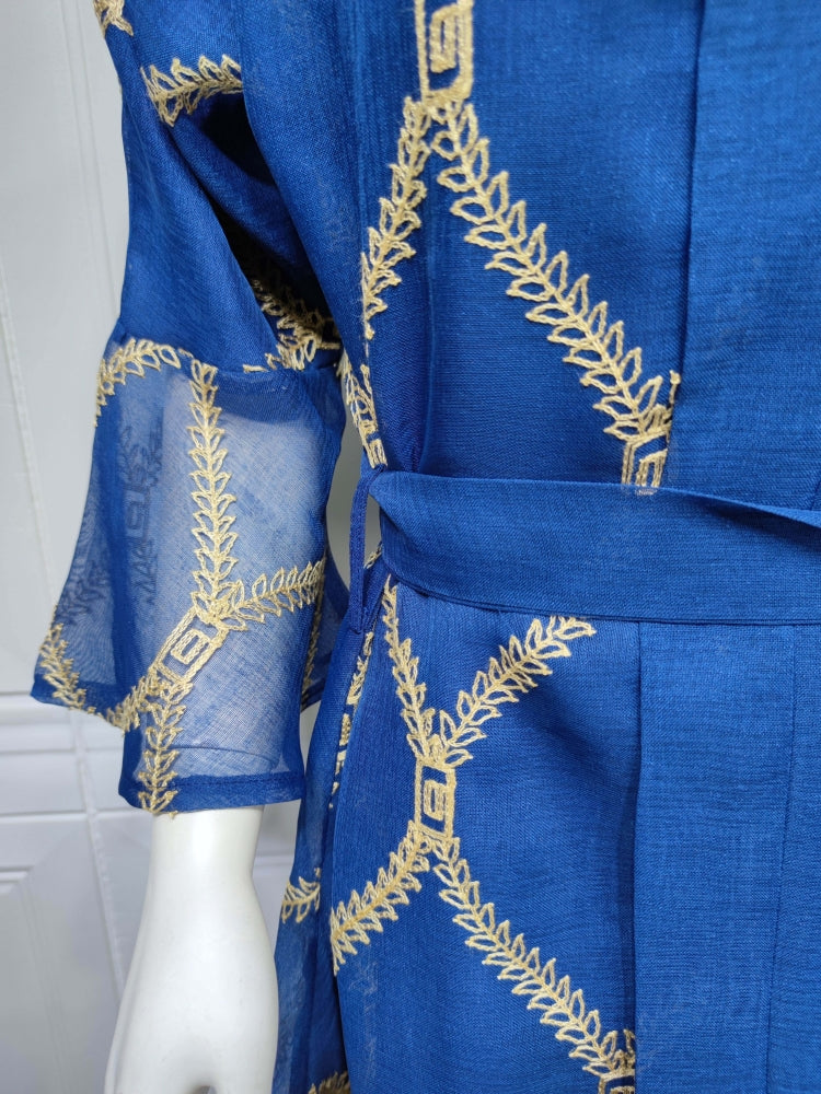 BamBam Women Summer Blue Arab Dubai Middle East Turkey Morocco Plaid Print Belted Islamic Clothing Kaftan Abaya Muslim Dress - BamBam