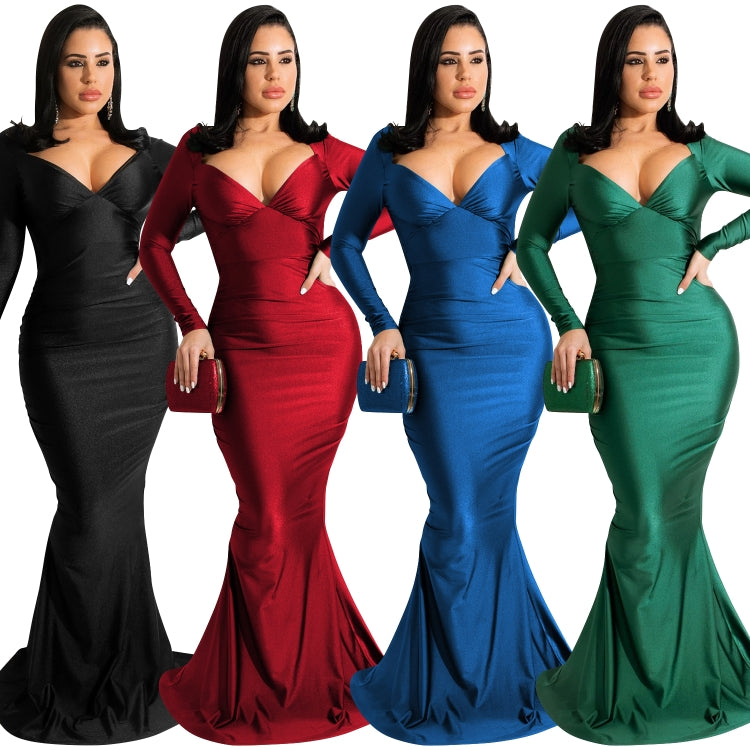 BamBam Women Spring Black Formal V-neck Full Sleeves Solid Satin Backless Mermaid Evening Dress - BamBam Clothing