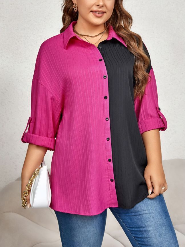 BamBam Chic Elegant Career Long Sleeve Turndown Collar Color Block Shirt Top - BamBam