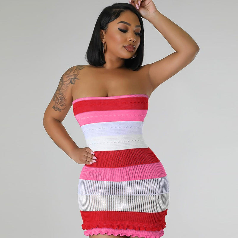 BamBam Summer Women Sexy Strapless Backless Color Block Lace Knitting Dress - BamBam