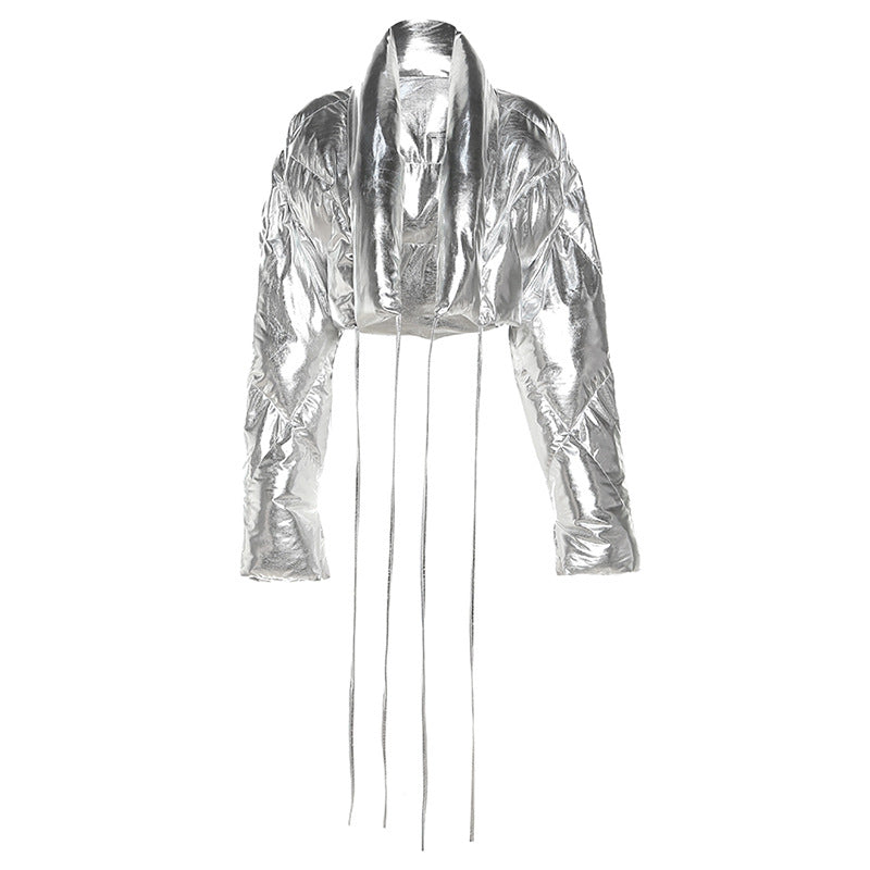 BamBam Autumn Women's Fashionable Metallic Color Stand Collar Loose Short Cotton Padded Jacket - BamBam