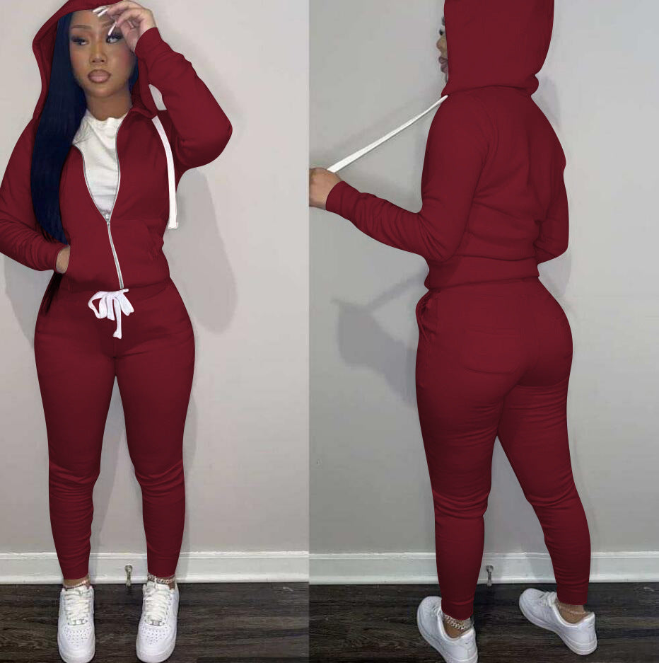 BamBam Women Sports Casual Solid Hoodies and Pant Two-piece Set - BamBam