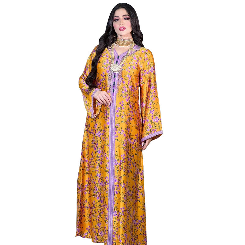 BamBam Abaya Muslim Fashion Print Beaded Dress Dubai Jalabiya For Women - BamBam