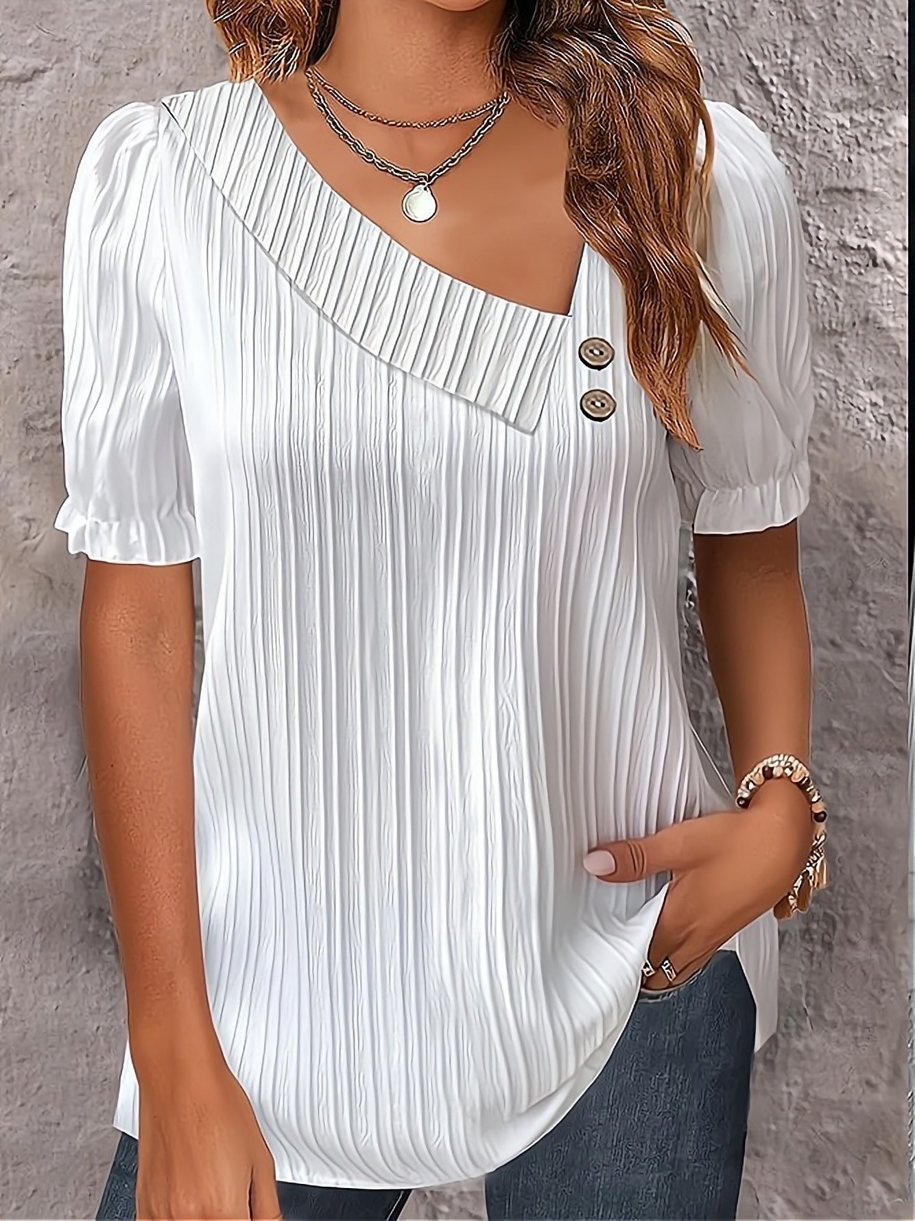 BamBam Summer simple v-neck button solid color shirt women's clothing - BamBam