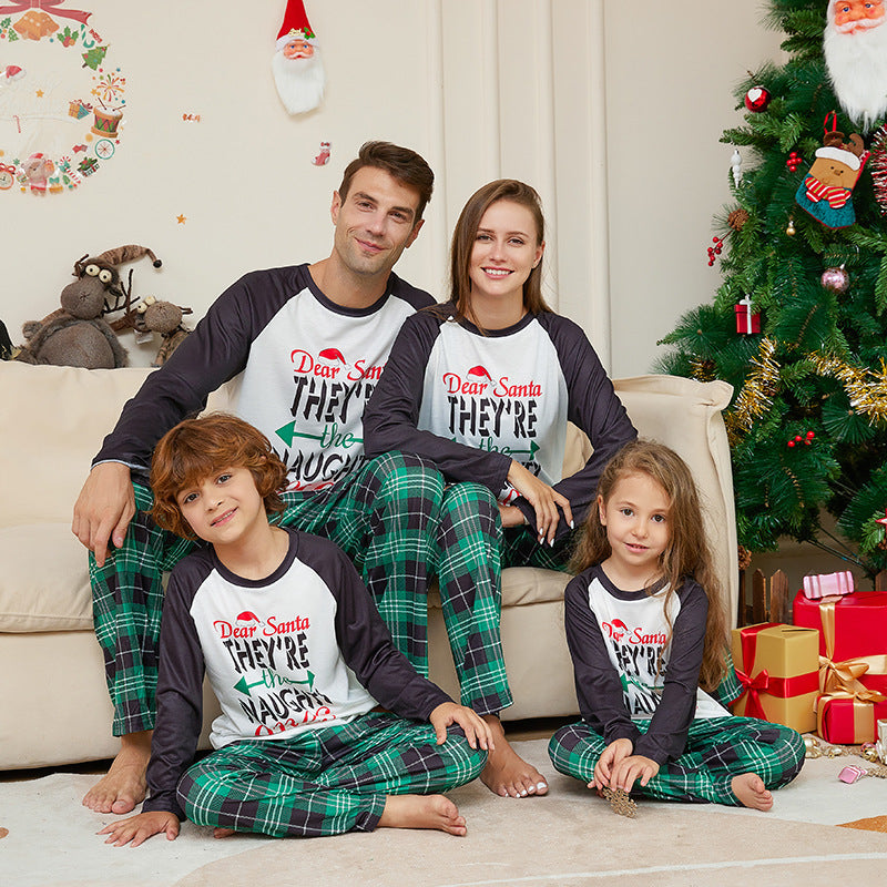 BamBam Christmas Family Wear Letter Green Plaid Print Home Clothes Pajama Two-piece Set - BamBam