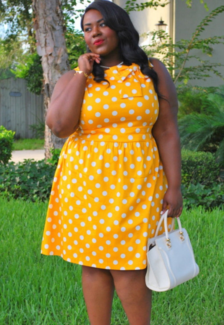 BamBam Women Summer Yellow Sweet O-Neck Sleeveless Dot Print Midi A-line Plus Size Casual Dress - BamBam
