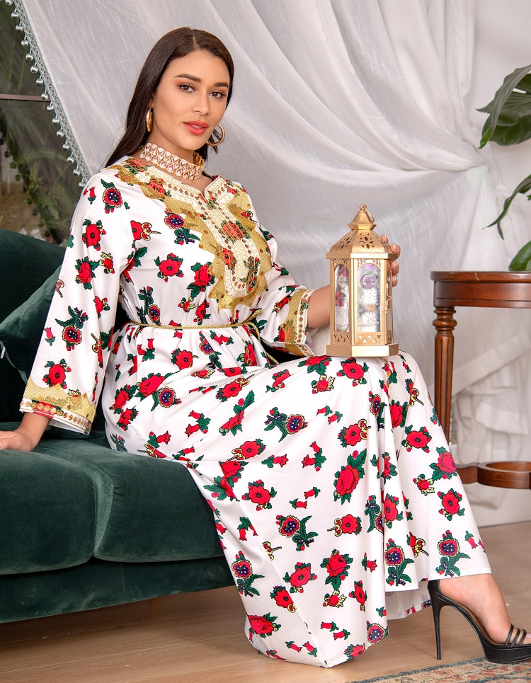 BamBam Women Spring White Arab Dubai Middle East Turkey Morocco Floral Print Islamic Clothing Kaftan Abaya Muslim Dress - BamBam