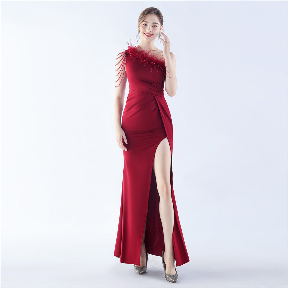 BamBam Women Beaded Ostrich Feather Evening Dress - BamBam Clothing