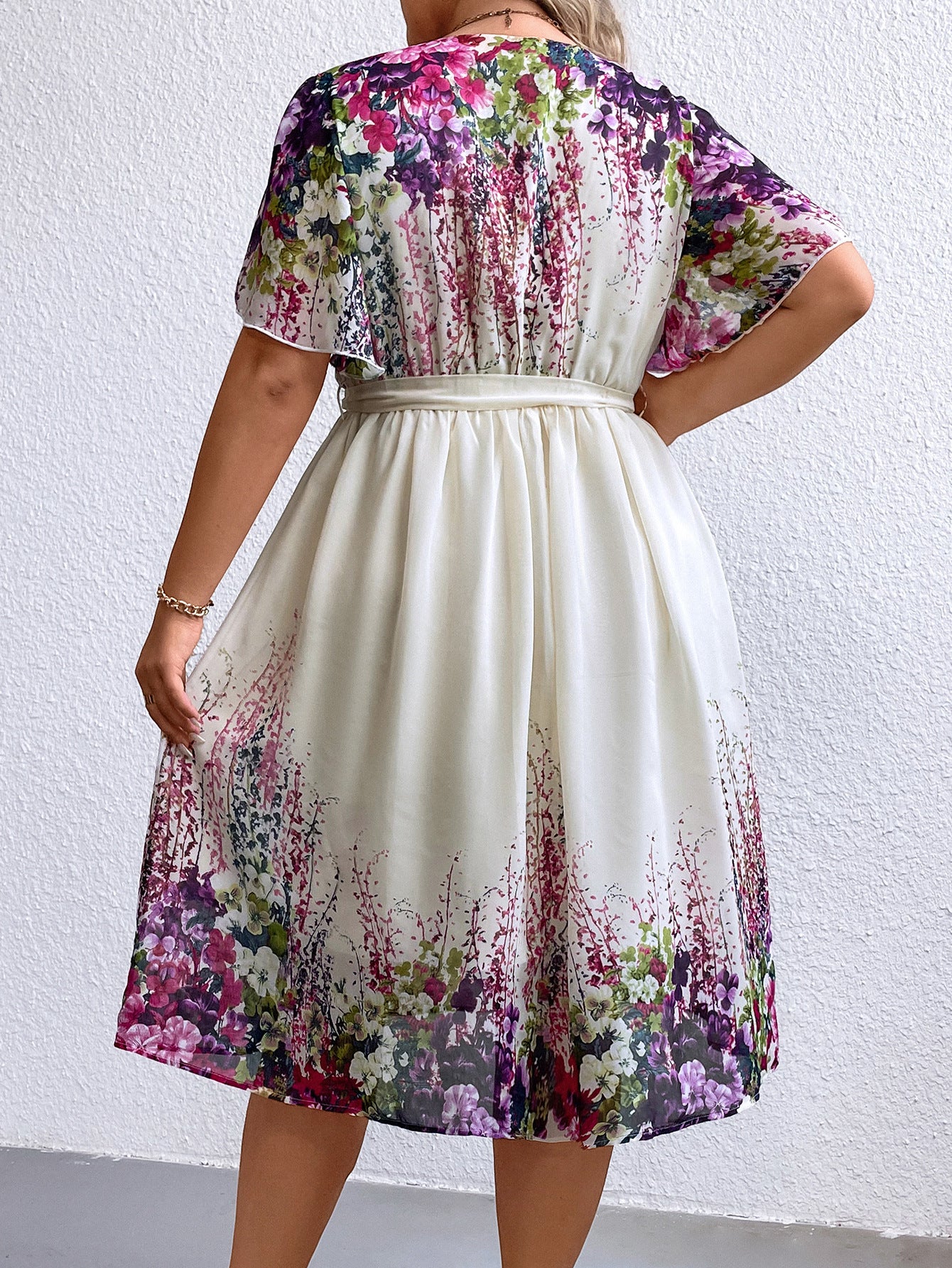 BamBam Plus Size Printed V-Neck Belted Women's Dress - BamBam