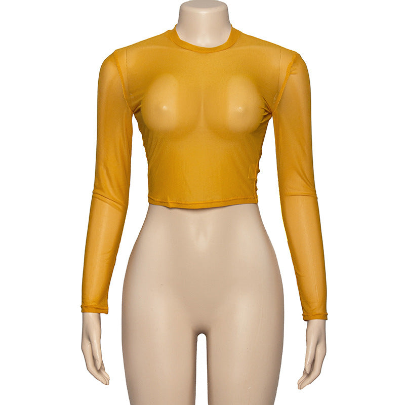 BamBam Women Summer Sexy Solid Round Neck Mesh See-Through Long Sleeve Crop Top - BamBam