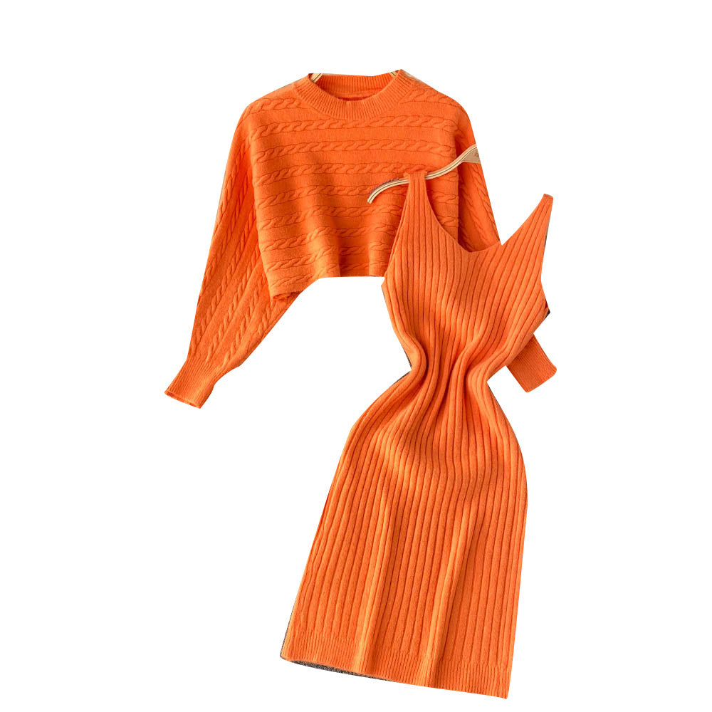 BamBam Women French sexy Bodycon Strap Dress +and loose knitting sweater two-piece set - BamBam