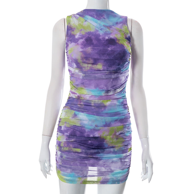 BamBam Women's Summer Round Sleeveless Tie Dye Mesh Dress - BamBam Clothing