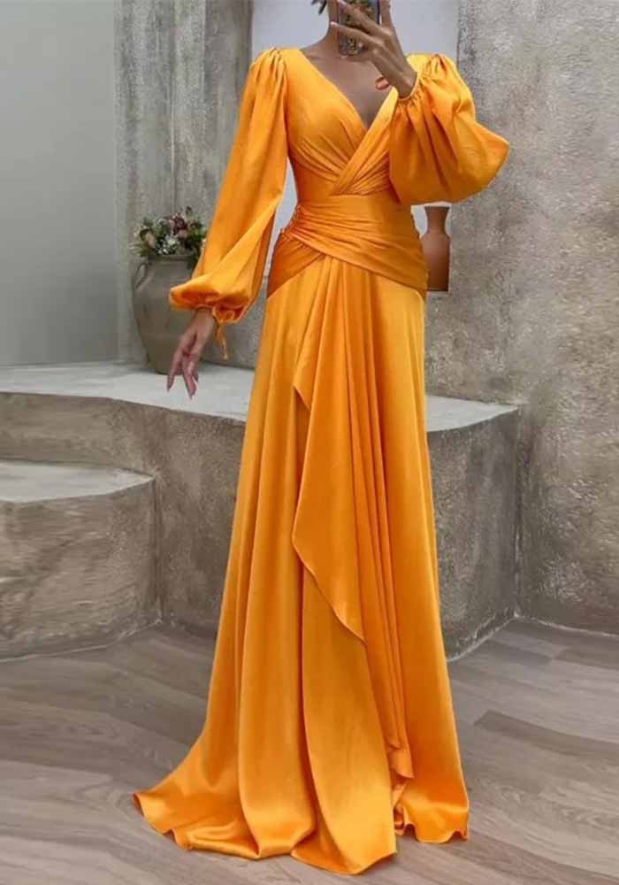 Women Summer Crossover Pleated Long Sleeve Dress