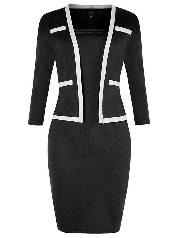 BamBam Women's Three Quarter Sleeve Fake Two Piece Patchwork Professional Bodycon Dress - BamBam