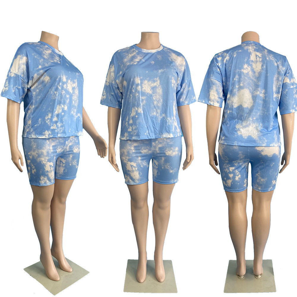 BamBam Plus Size Women's Casual Tie Dye Printed Two Piece Shorts Set For Women - BamBam