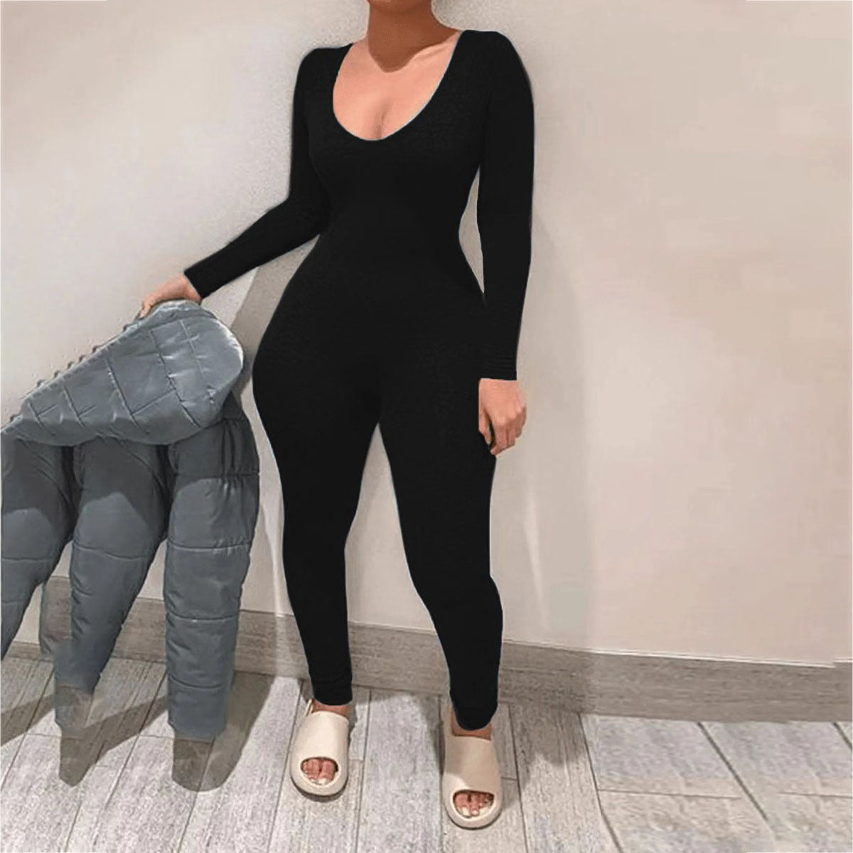 BamBam Plus Plus Size Jumpsuit Solid Slim Chic Sexy V-Neck Women's Jumpsuit - BamBam Clothing