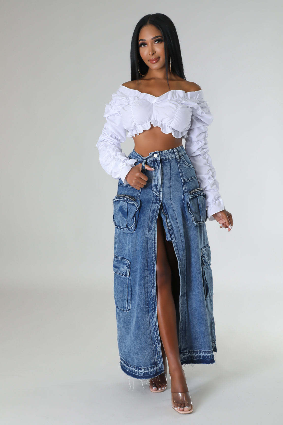 BamBam Women High Waist Slit Cargo Denim Skirt - BamBam