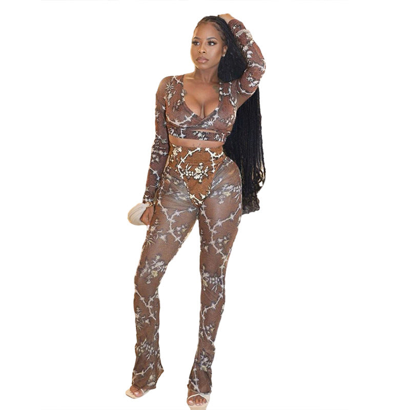 BamBam Autumn Women's Sexy Mesh See-Through Printed Slim Long-Sleeved Top Casual Pants Set - BamBam