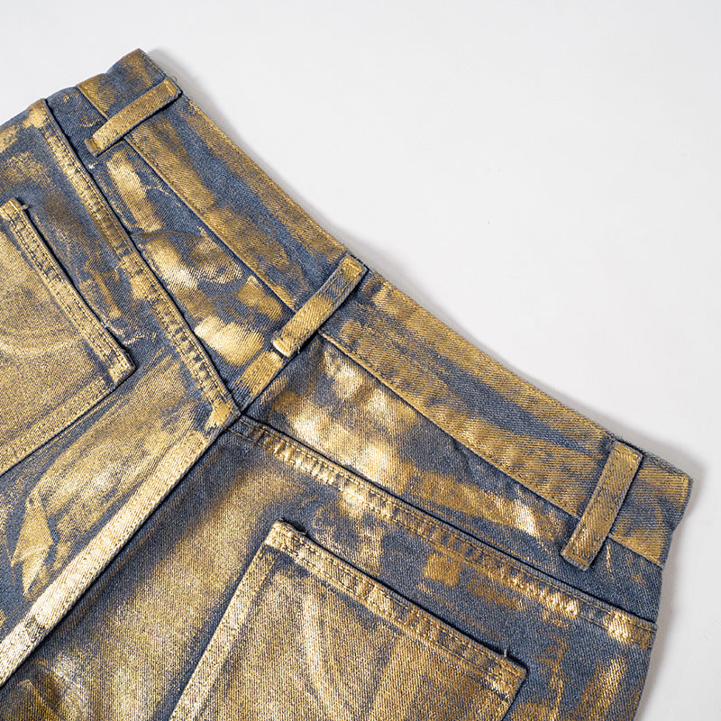 BamBam Women Autumn Solid Shiny Zipper Pocket Denim Casual Straight Pants - BamBam