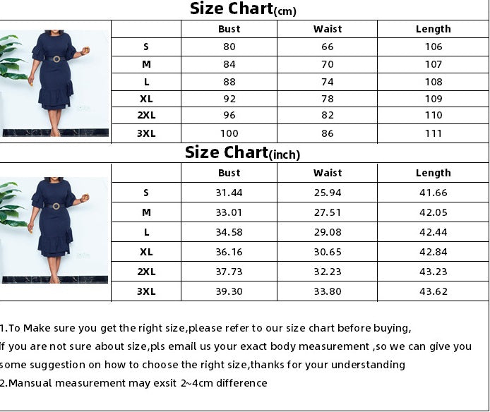 BamBam Women Summer Blue Modest O-Neck Half Sleeves Solid Ruffles Midi Pencil Office Dress - BamBam