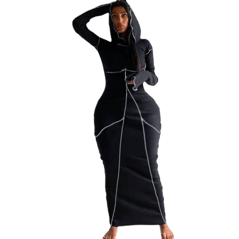 BamBam Women's Patchwork Hooded Long Sleeve Sexy Long Dress - BamBam