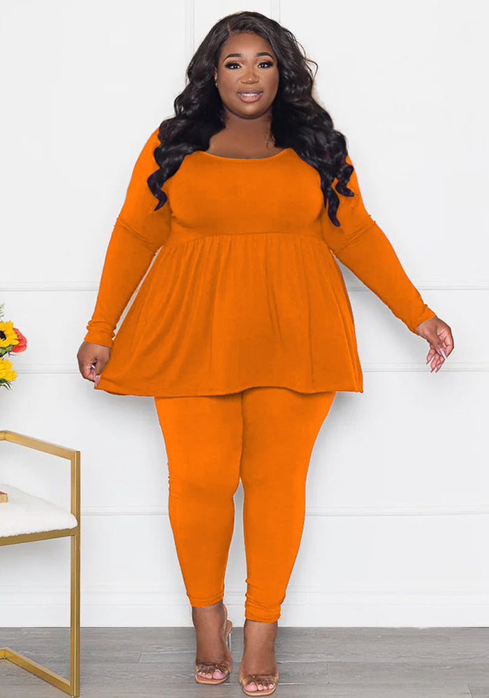 Women's  Plus Size Solid Color Long Sleeve Two Piece Pants Set For Women