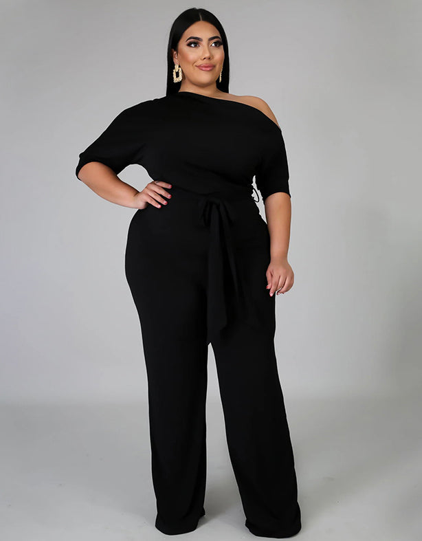 Plus Size Solid Plain Slash Shoulder Formal Jumpsuit