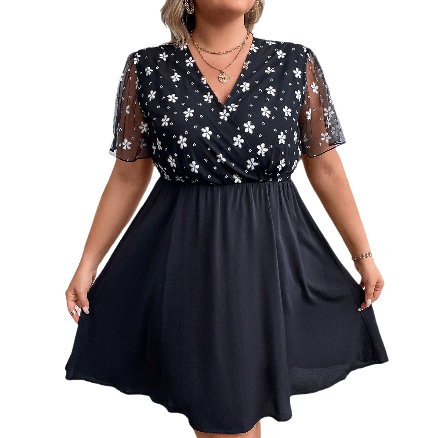 BamBam Plus Size Women's Summer V-Neck High Waist Floral Dress - BamBam