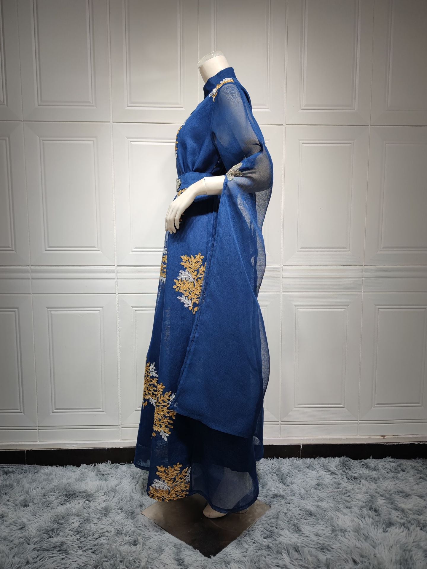 BamBam Women Summer Mesh Transparent Muslim Beaded Long Sleeve Belt Dress - BamBam