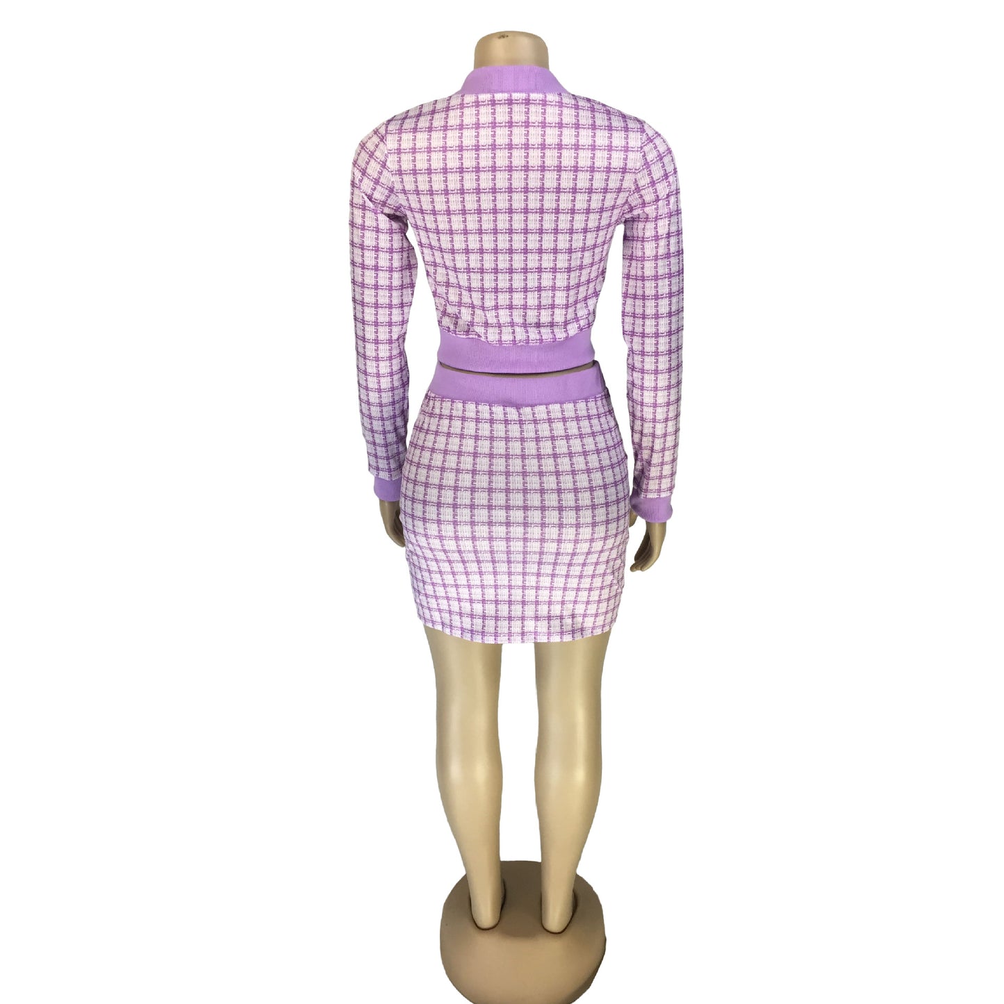 BamBam Women Plaid Ribbed Long Sleeve Top and Skirt Two-piece Set - BamBam