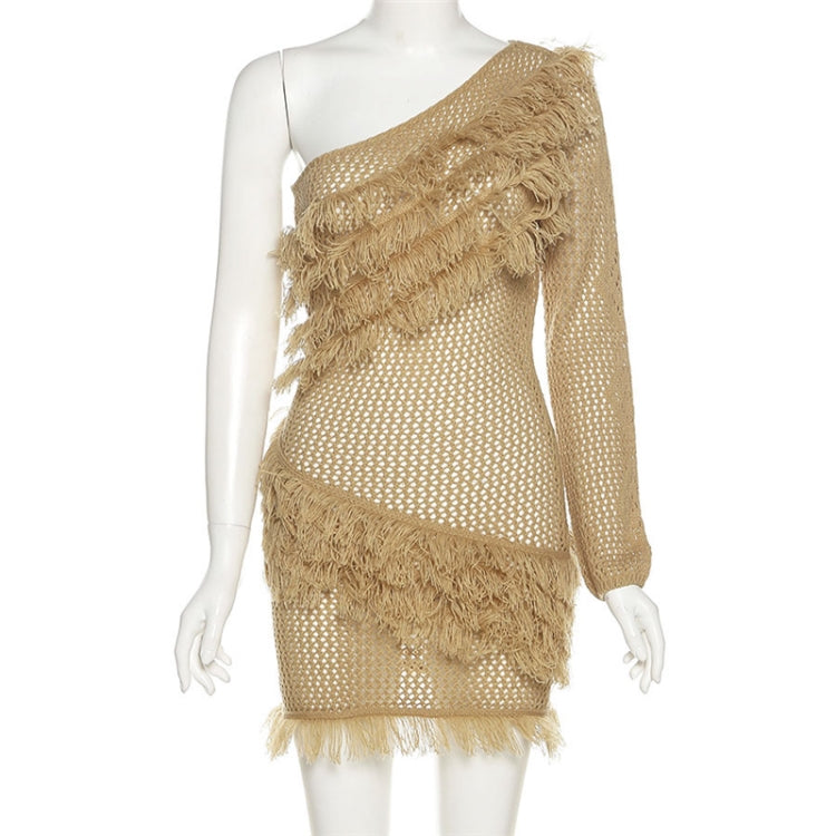 BamBam Autumn Khaki Hollow Out Fringe One Shoulder Mini Dress - BamBam Clothing Clothing