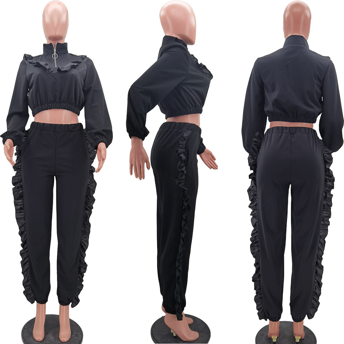 BamBam Trendy Women's Solid Color Zipper Ruffle Fashion Casual Sports Two Piece Pants Set - BamBam