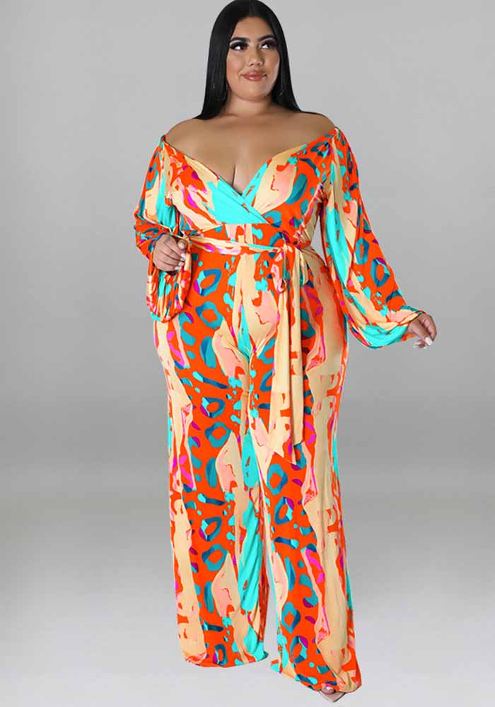 Plus Size Women Fall Print Sexy Off Shoulder Long Sleeve Jumpsuit