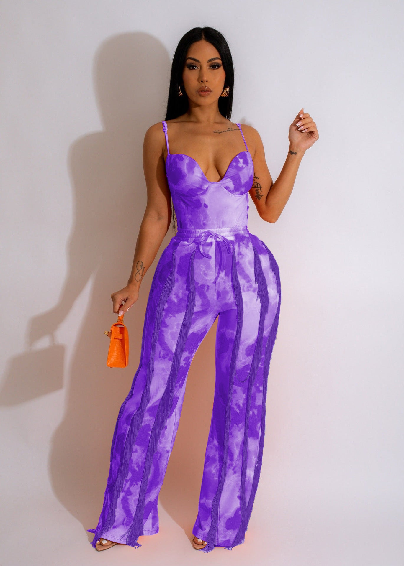 BamBam Women's Set Printed Fringed Lace Camisole Bodysuit + Pants Two-Piece - BamBam
