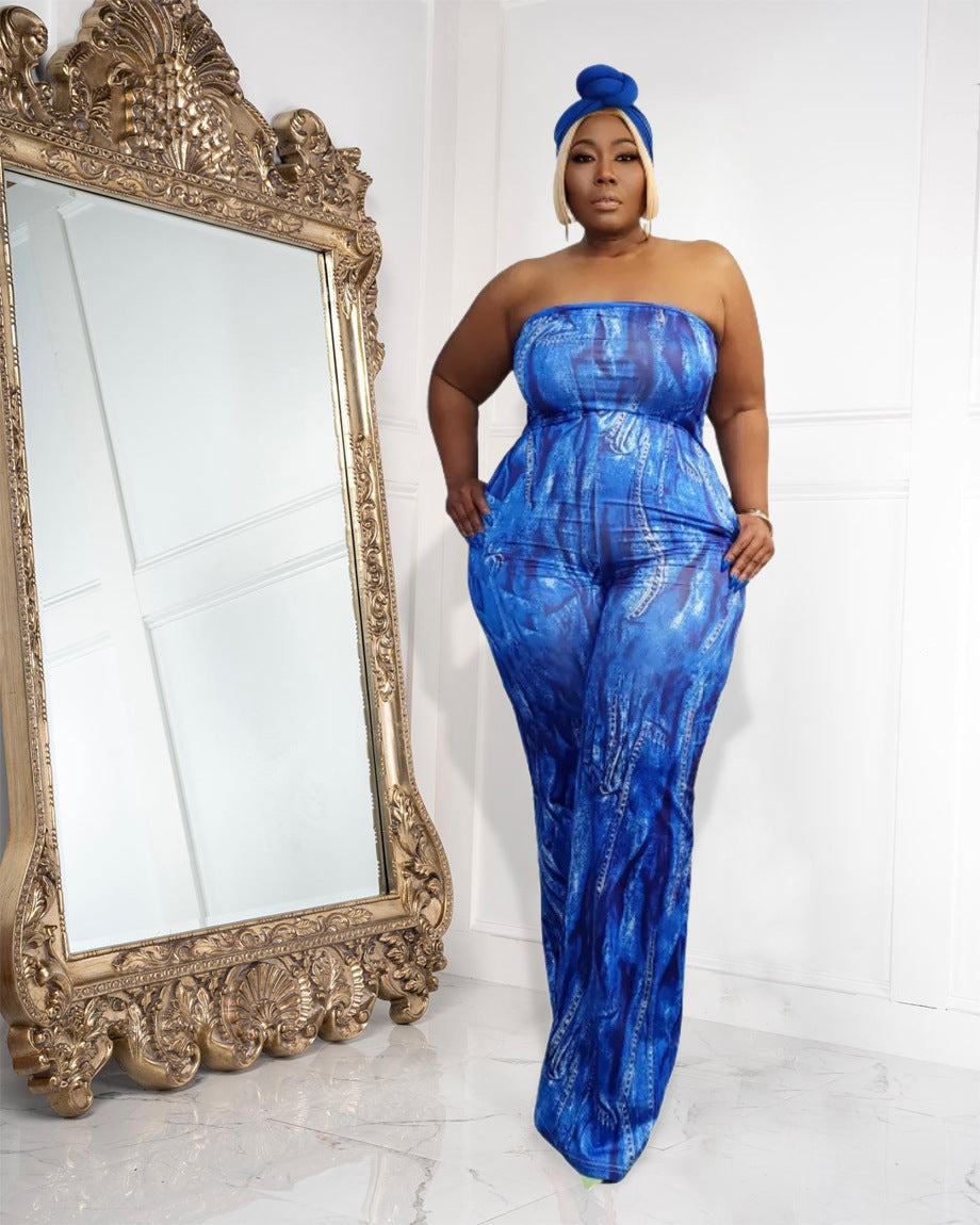 BamBam Plus Size Women Sexy Strapless Printed Wide Leg Jumpsuit - BamBam Clothing