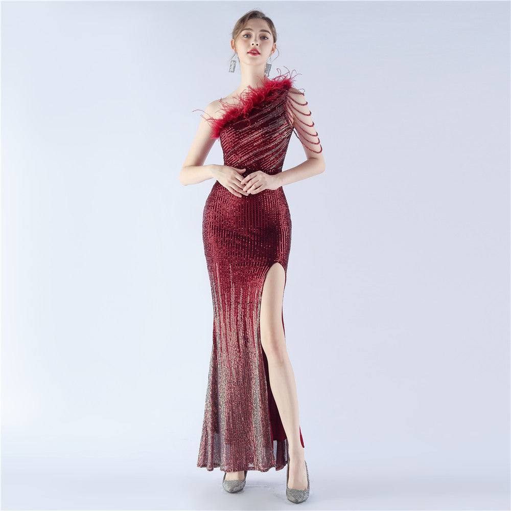 BamBam Women Gradient Sequins Beading and Ostrich Feather Slash Shoulder One-shoulder Evening Dress - BamBam Clothing