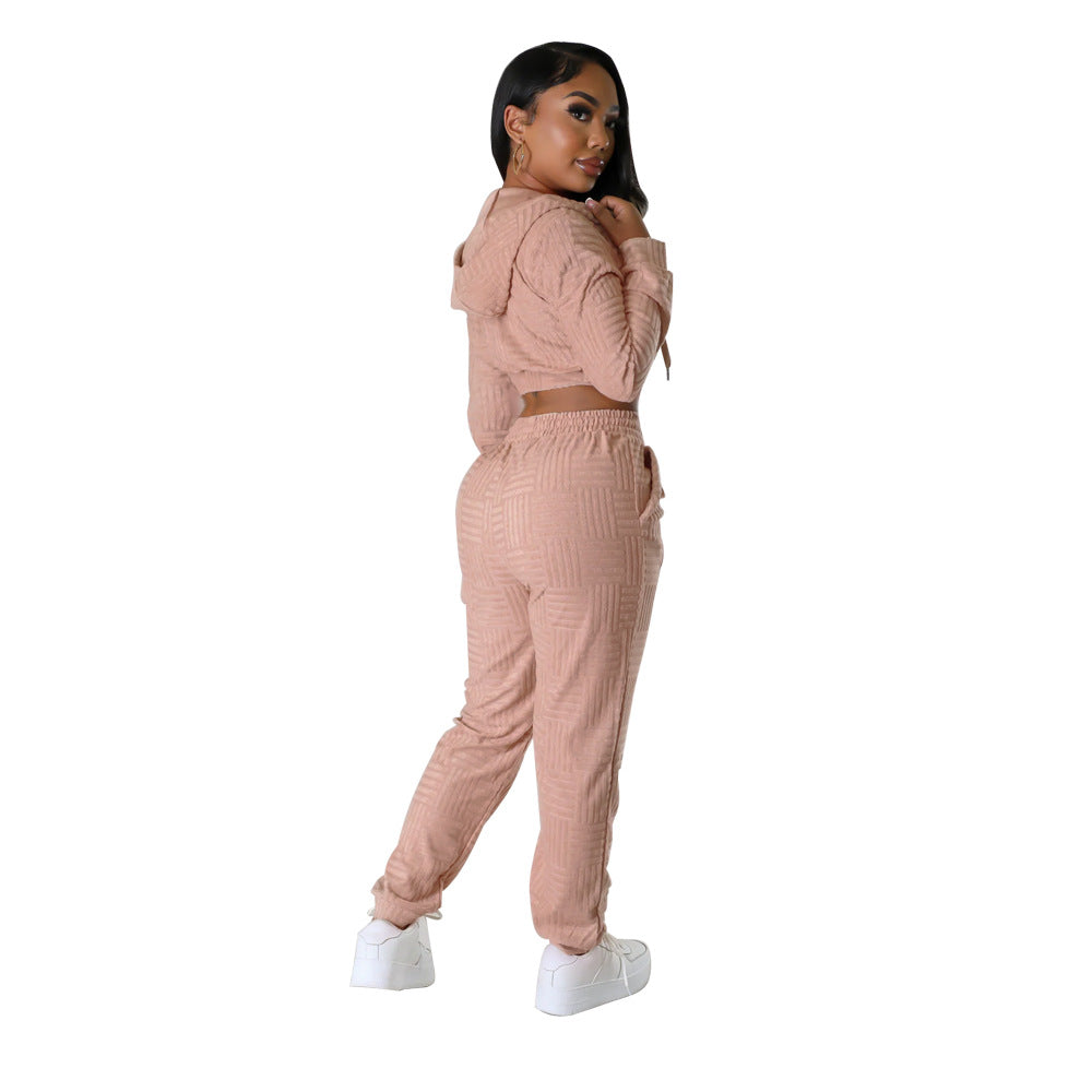 BamBam Solid Hooded Zipper Crop Two-Piece Pants Set - BamBam